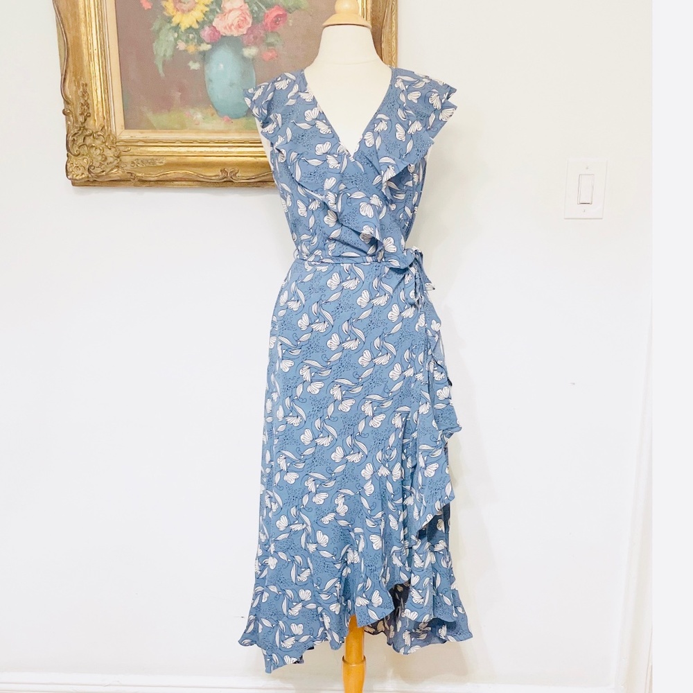 NEW Max Studio Ruffle Sleeve Boho Blue Pattern Midi Wrap Dress Size Large L NWT
